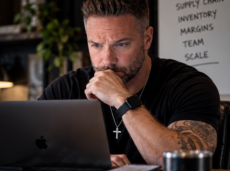James Coccaro working at a laptop in front of a whiteboard listing product, supply chain, inventory, margins, team and scale