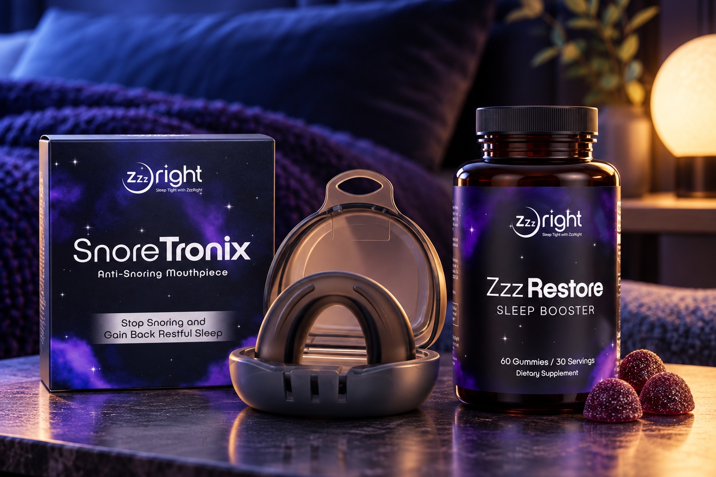ZzzRight SnoreTronix mouthpiece and ZzzRestore gummies