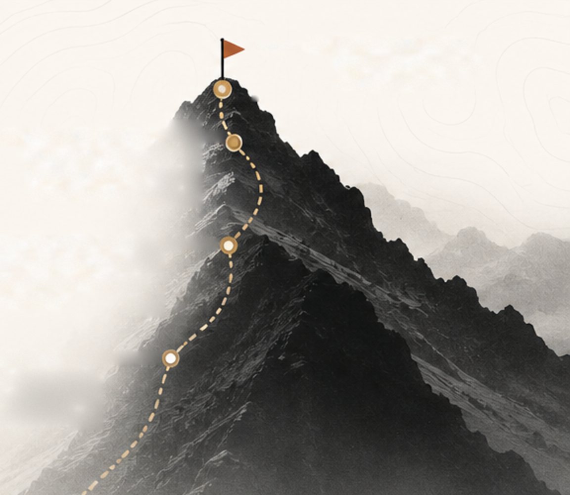 A dark mountain with a dotted gold path climbing past four markers to a burnt-orange flag at the summit